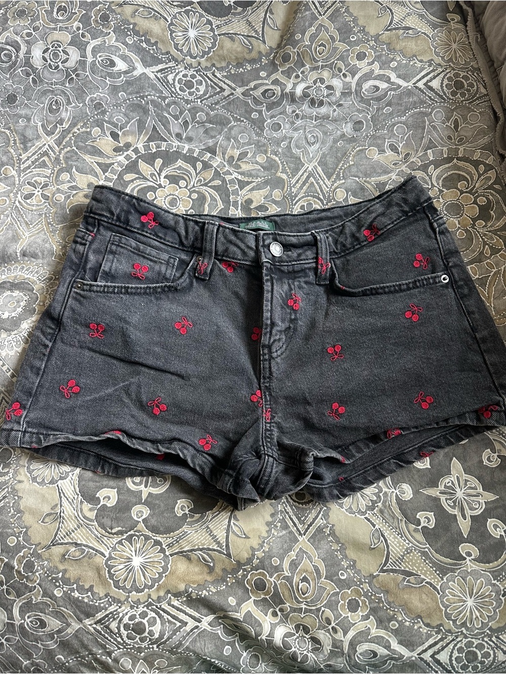 wild fable Black Denim Shorts with Red Cherry Embroidery